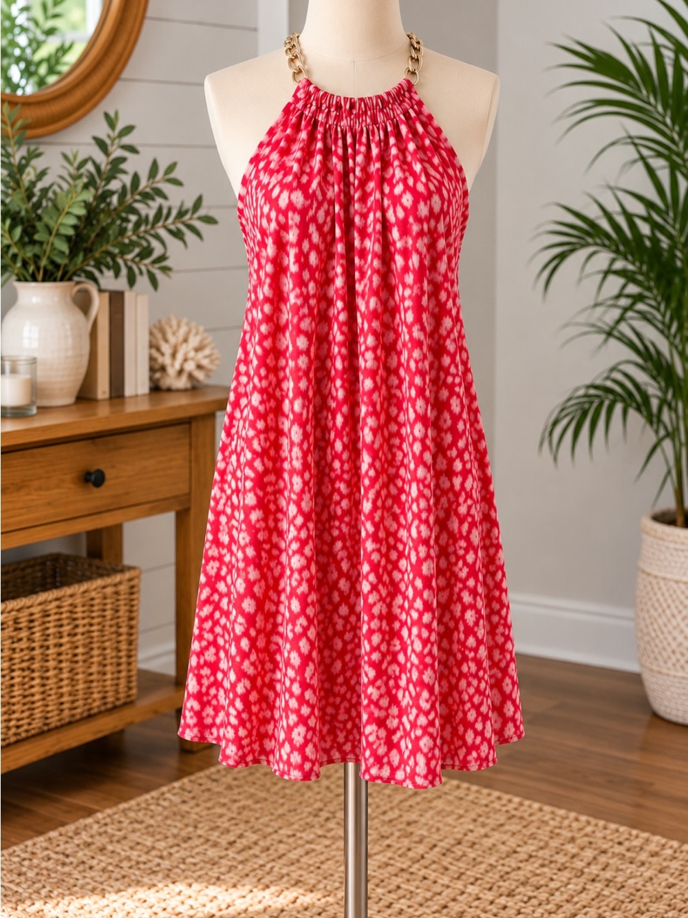Michael Kors Red Halter Swing Dress with Chain Neckline
